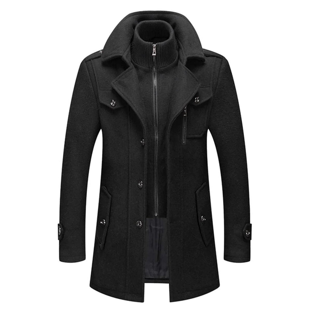 Men's Layered Overcoat with Knit Collar Insert - Monty - Black