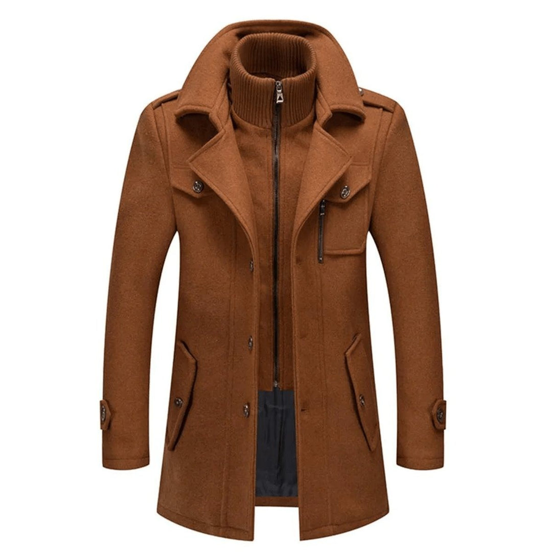 Men's Layered Overcoat with Knit Collar Insert - Monty - Camel