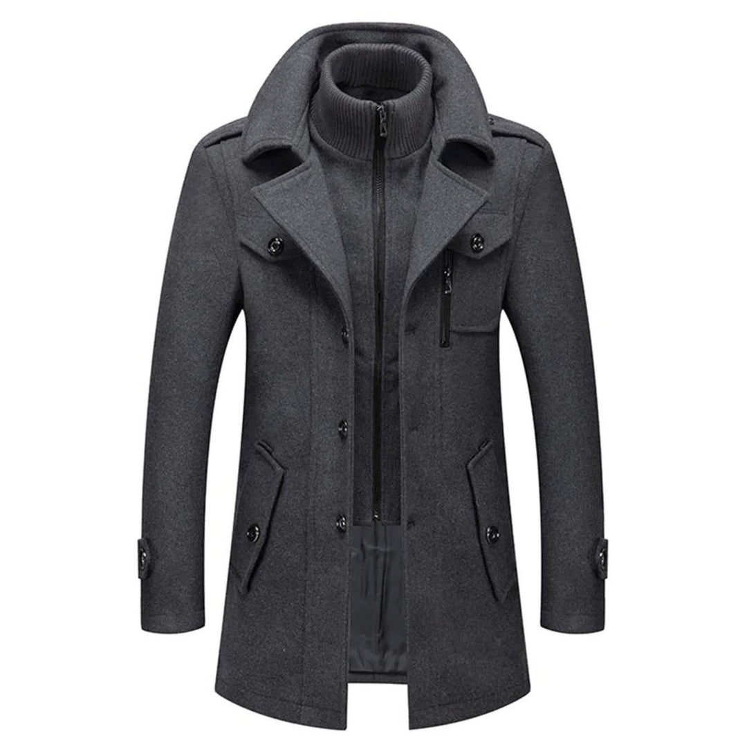 Men's Layered Overcoat with Knit Collar Insert - Monty - Gray