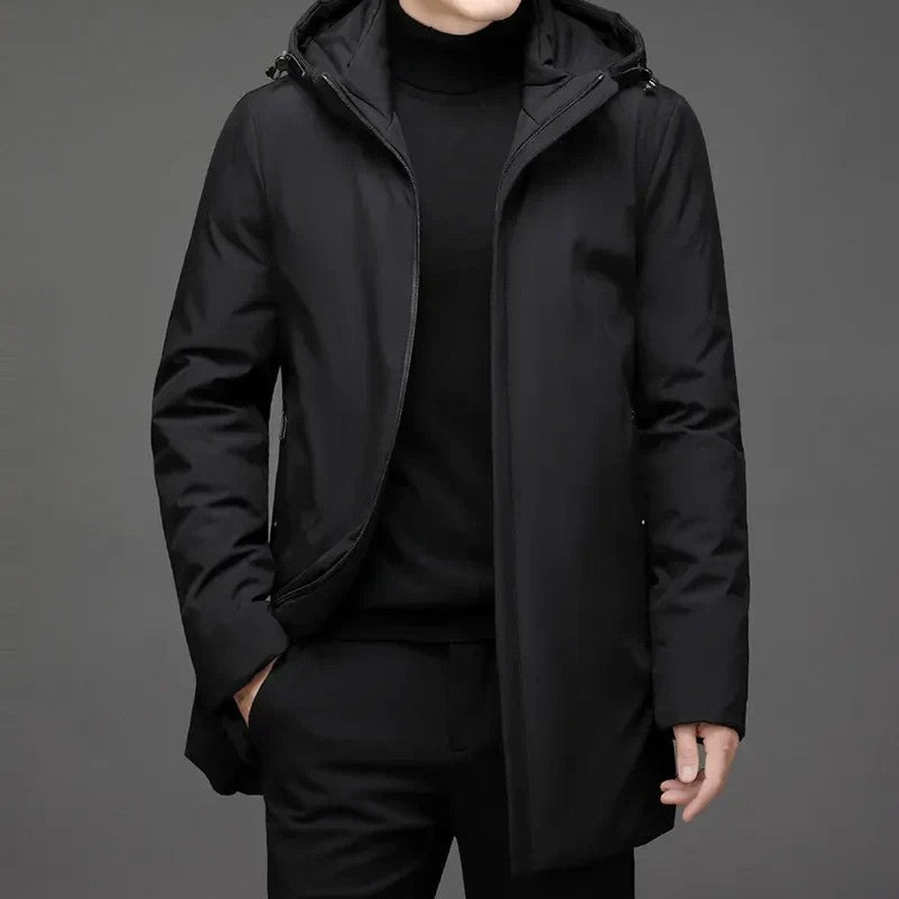 Men's Longline Hooded Winter Jacket with Zip Front - Ivo - Black