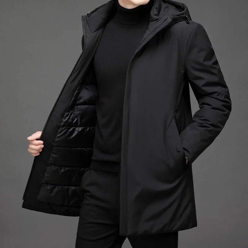 Men's Longline Hooded Winter Jacket with Zip Front - Ivo - Black