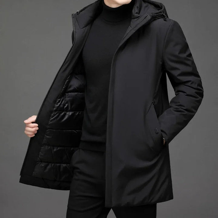 Men's Longline Hooded Winter Jacket with Zip Front - Ivo - Black