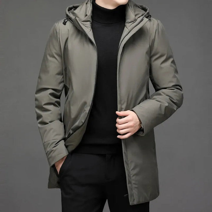 Men's Longline Hooded Winter Jacket with Zip Front - Ivo - Olive