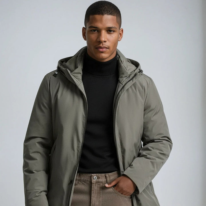Men's Longline Hooded Winter Jacket with Zip Front - Ivo - Olive