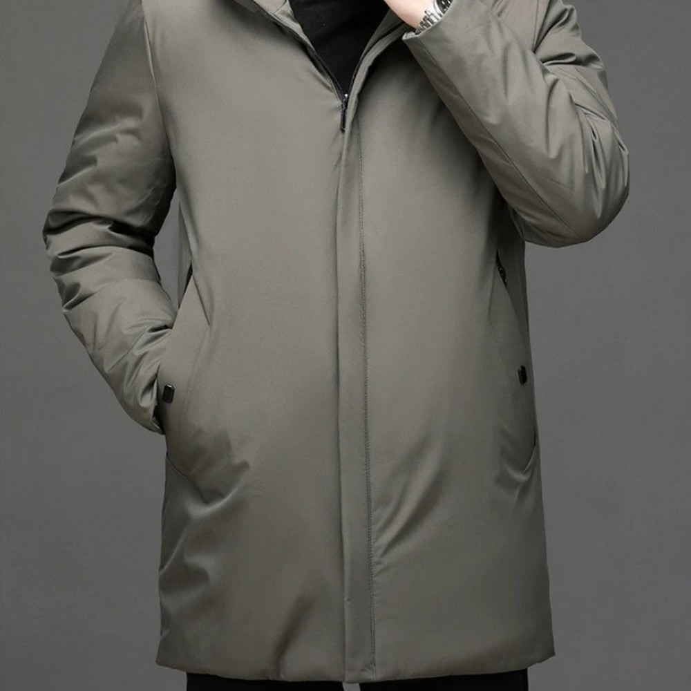Men's Longline Hooded Winter Jacket with Zip Front - Ivo - Olive