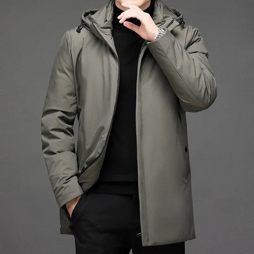 Men's Longline Hooded Winter Jacket with Zip Front - Ivo - Olive