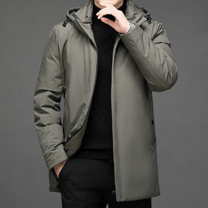 Men's Longline Hooded Winter Jacket with Zip Front - Ivo - Olive