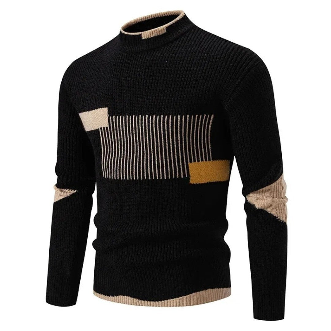 Men's Mock Neck Sweater with Geometric Pattern - Heath - Black Block