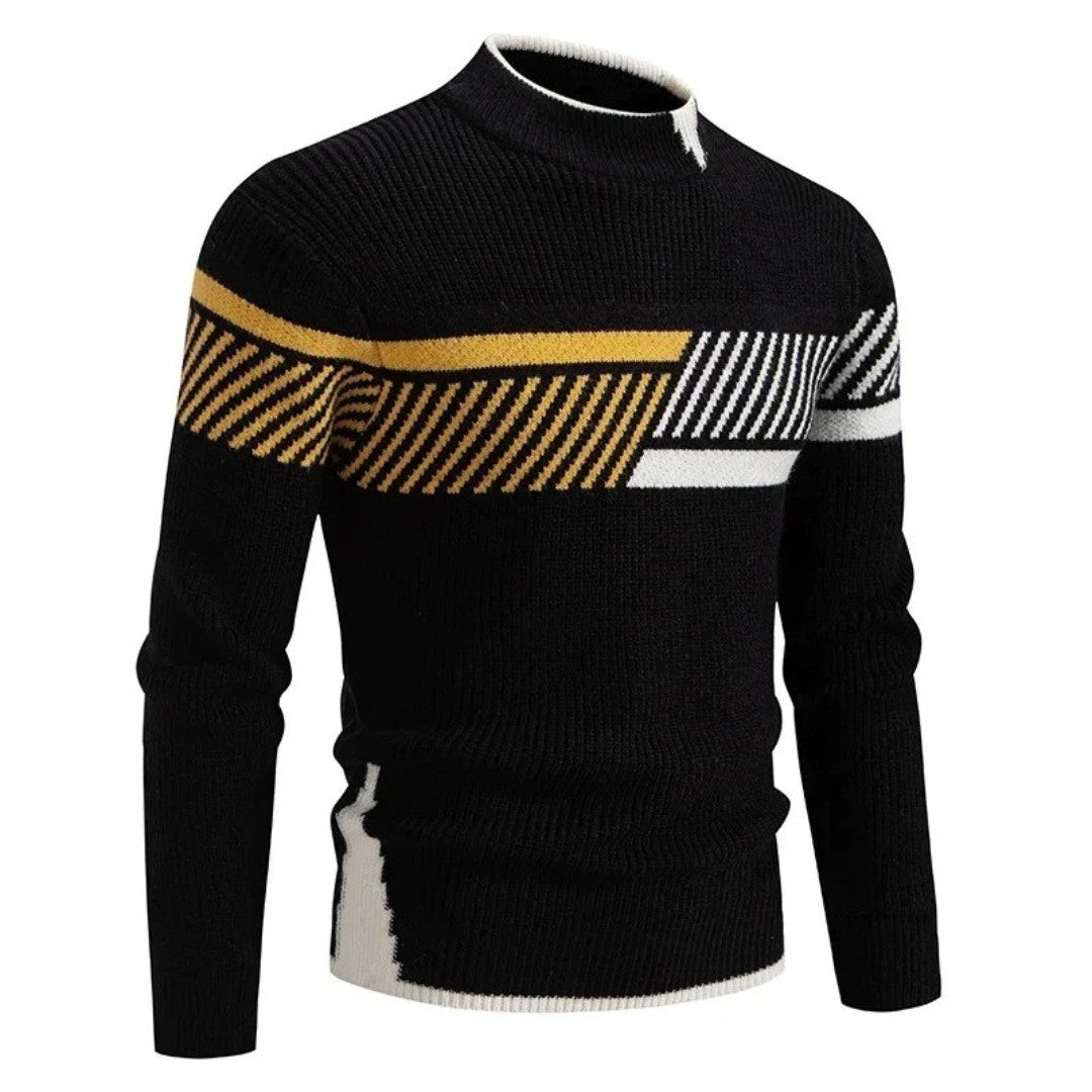 Men's Mock Neck Sweater with Geometric Pattern - Heath - Black Stripe