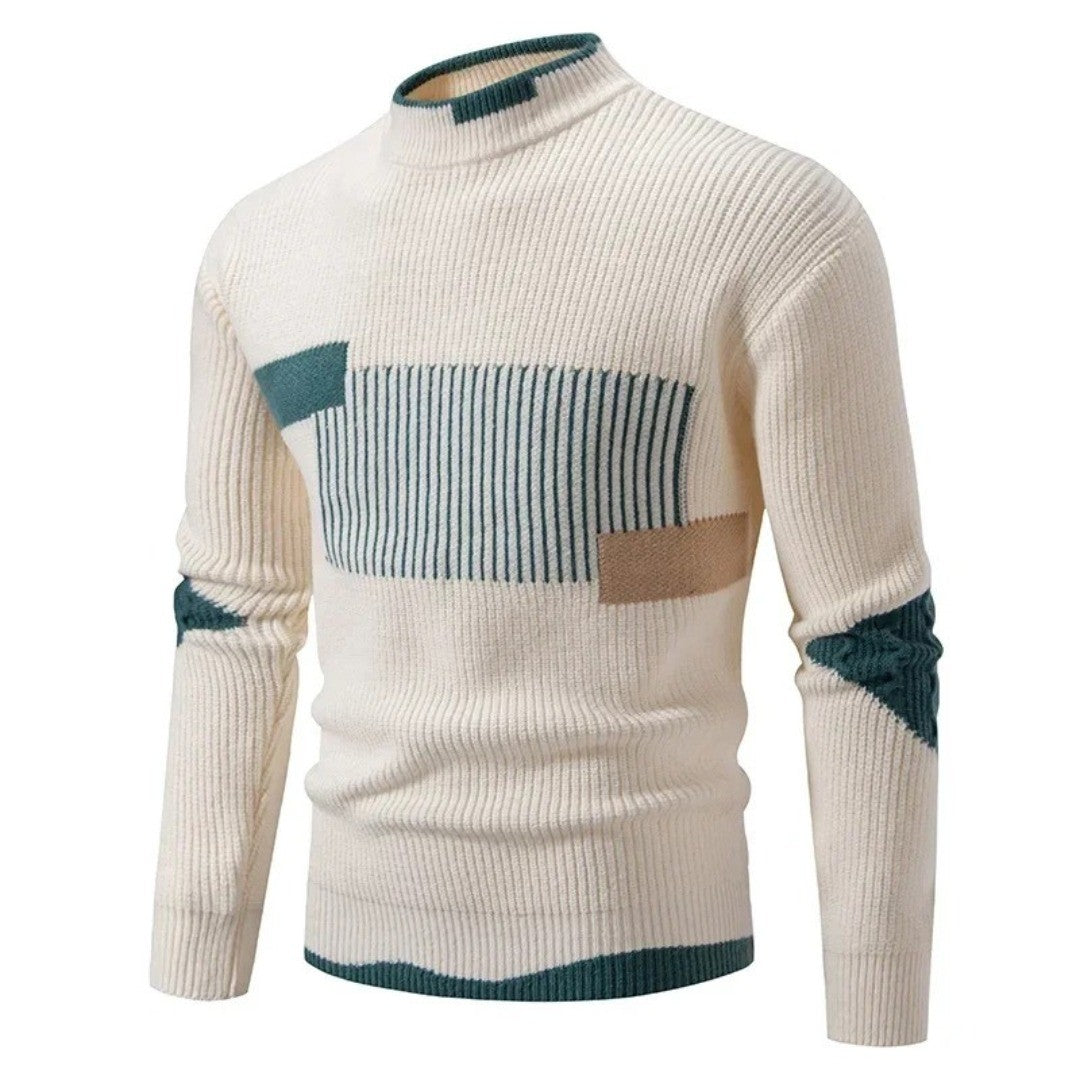 Men's Mock Neck Sweater with Geometric Pattern - Heath - Cream Block
