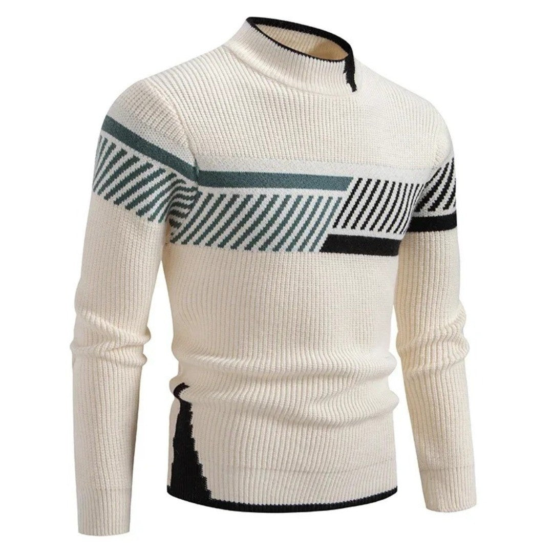 Men's Mock Neck Sweater with Geometric Pattern - Heath - Cream Stripe