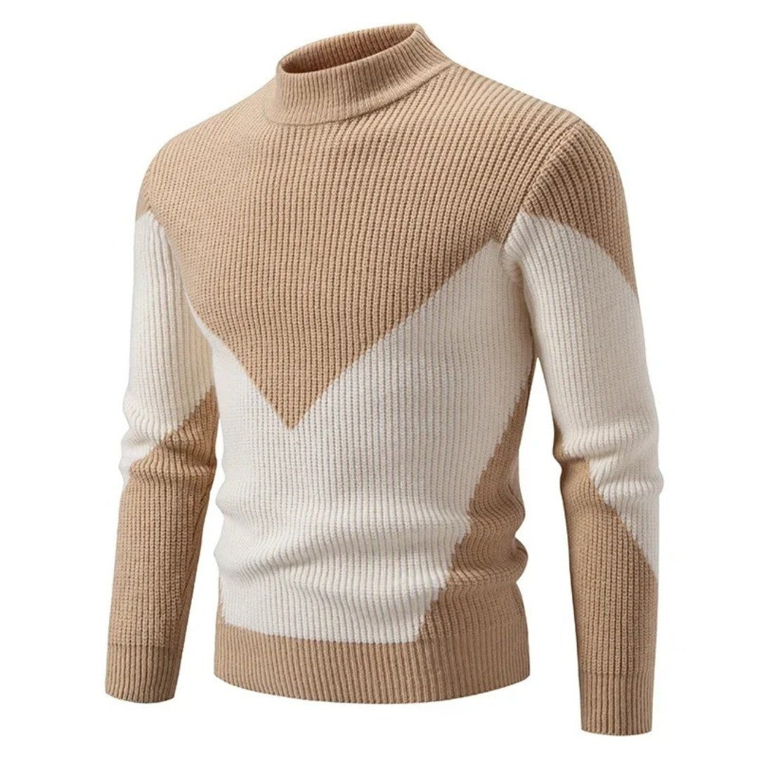 Men's Mock Neck Sweater with Geometric Pattern - Heath - Tan Diamond
