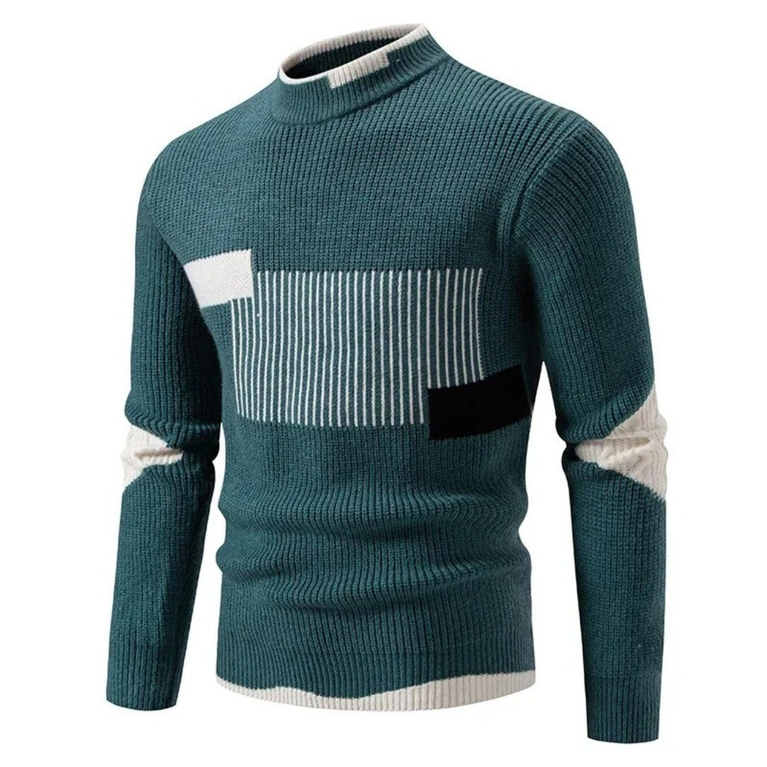 Men's Mock Neck Sweater with Geometric Pattern - Heath - Teal Block
