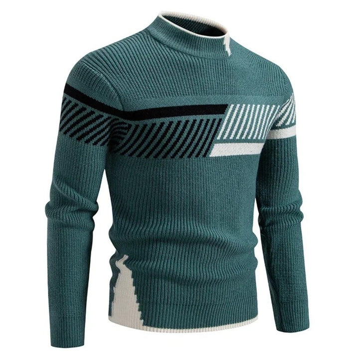 Men's Mock Neck Sweater with Geometric Pattern - Heath - Teal Stripe