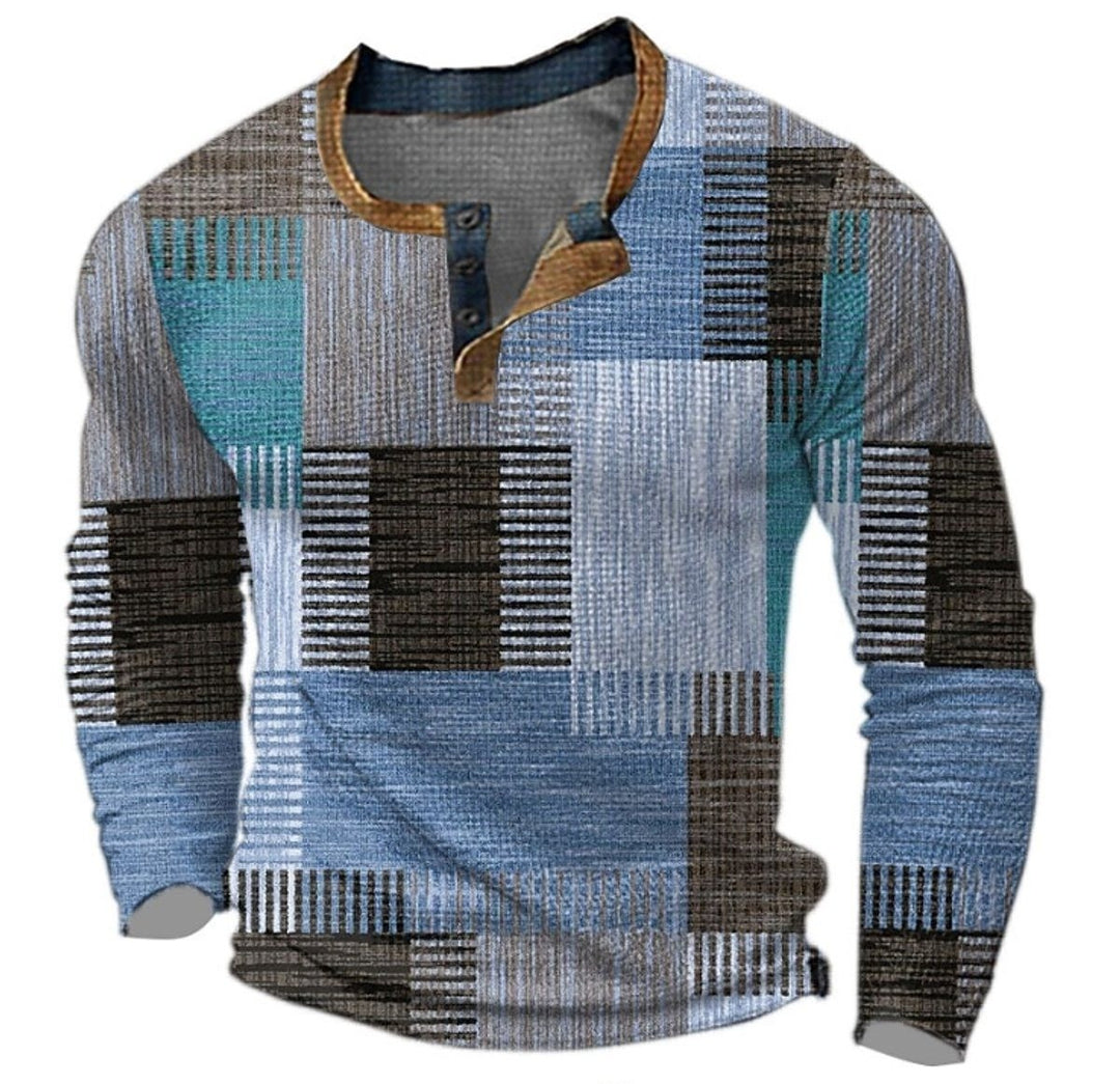 Men's Patchwork Henley Sweater with Contrast Collar - Quincy - Blue Mix