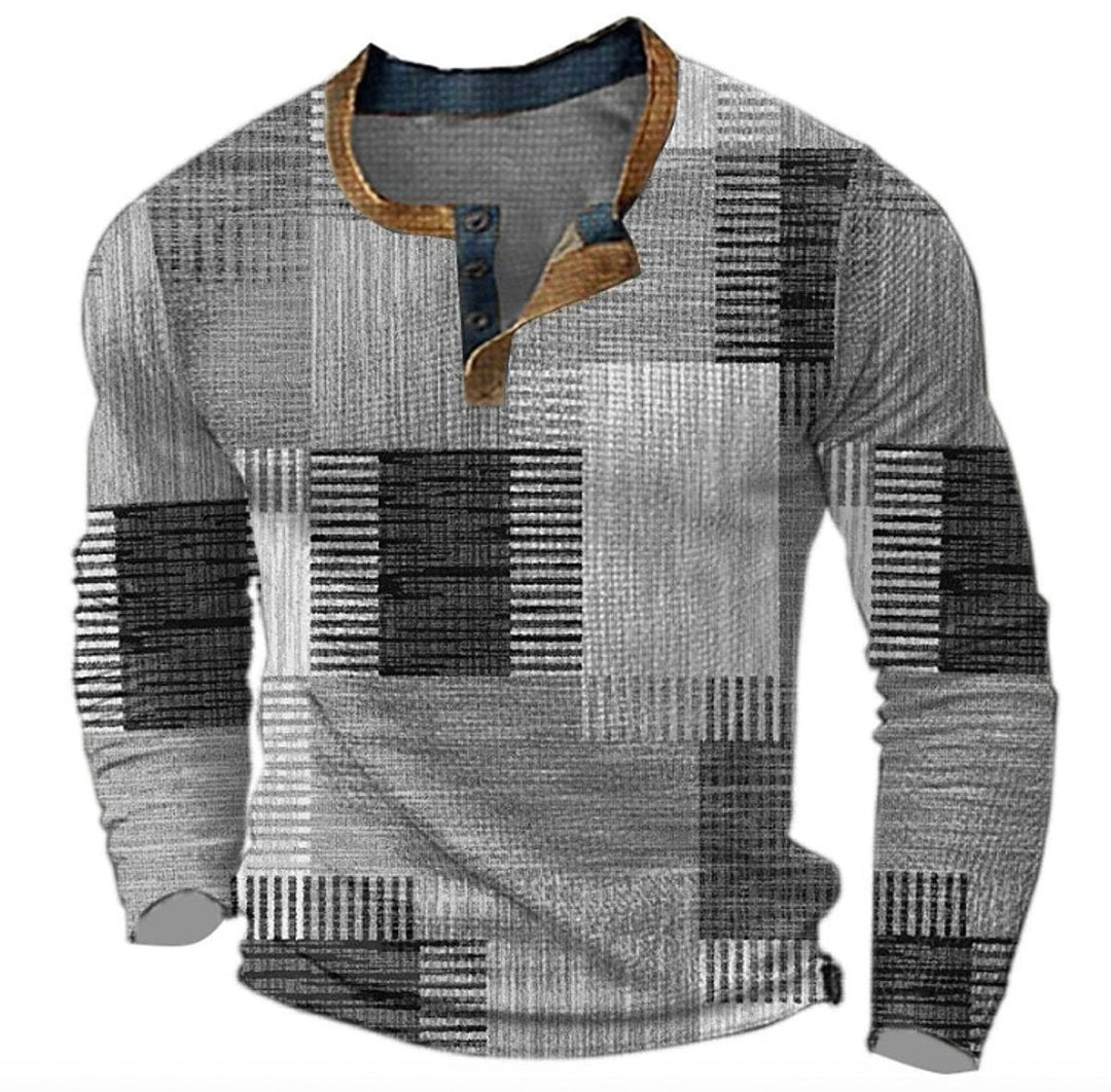 Men's Patchwork Henley Sweater with Contrast Collar - Quincy - Gray Mix