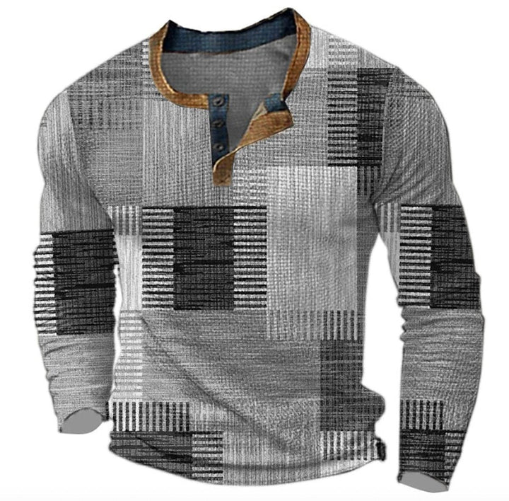 Men's Patchwork Henley Sweater with Contrast Collar - Quincy - Gray Mix
