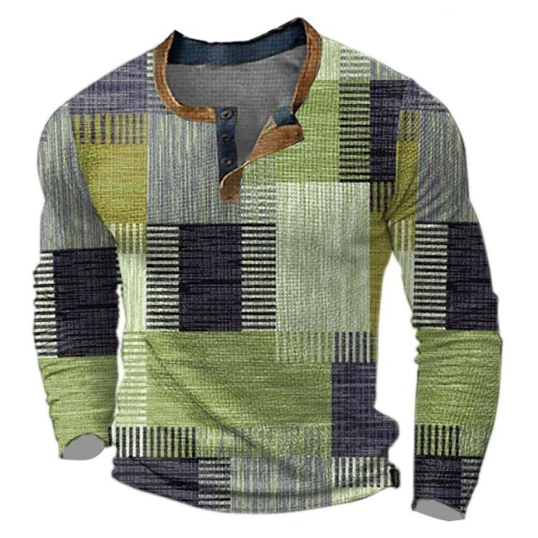 Men's Patchwork Henley Sweater with Contrast Collar - Quincy - Green Mix