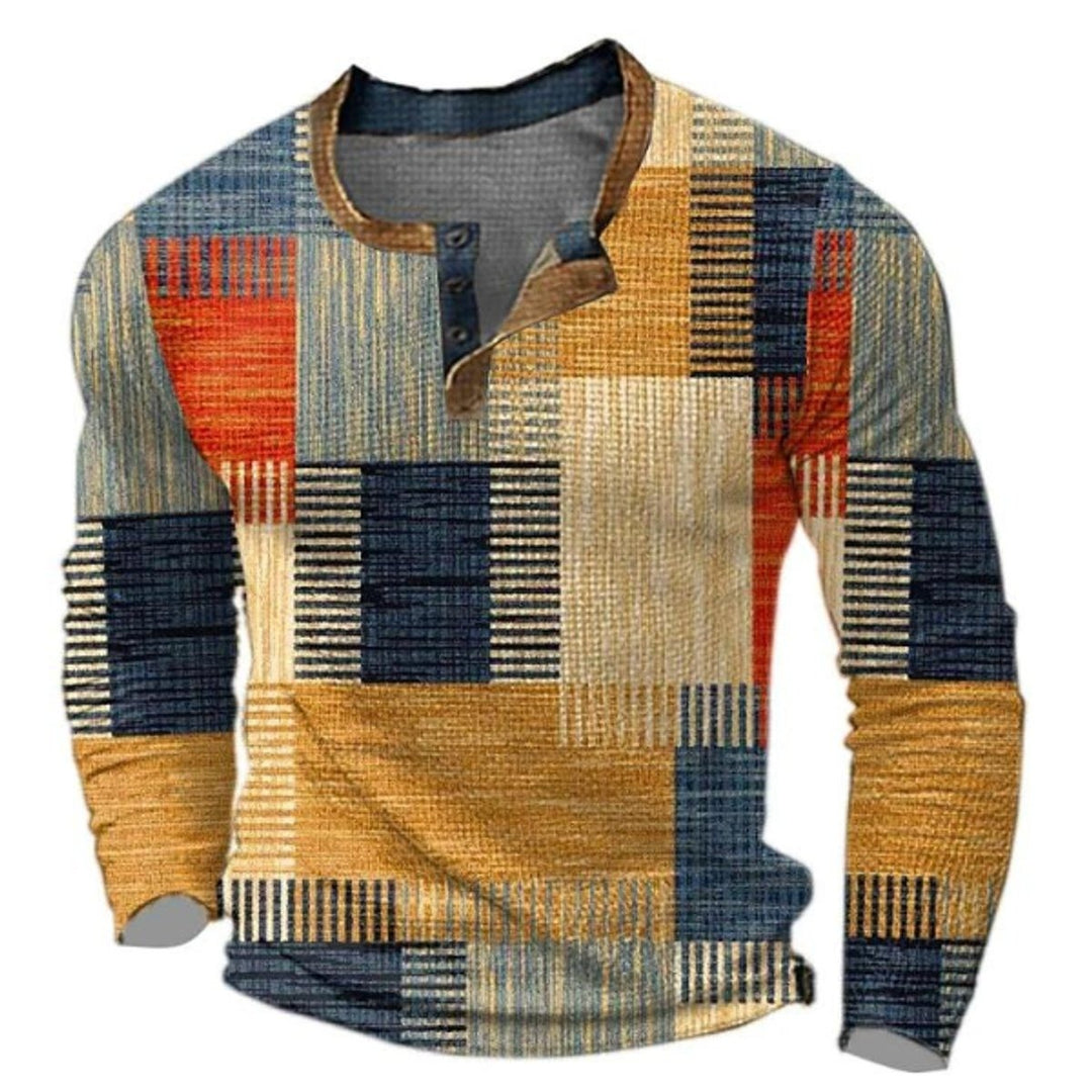 Men's Patchwork Henley Sweater with Contrast Collar - Quincy - Orange Mix