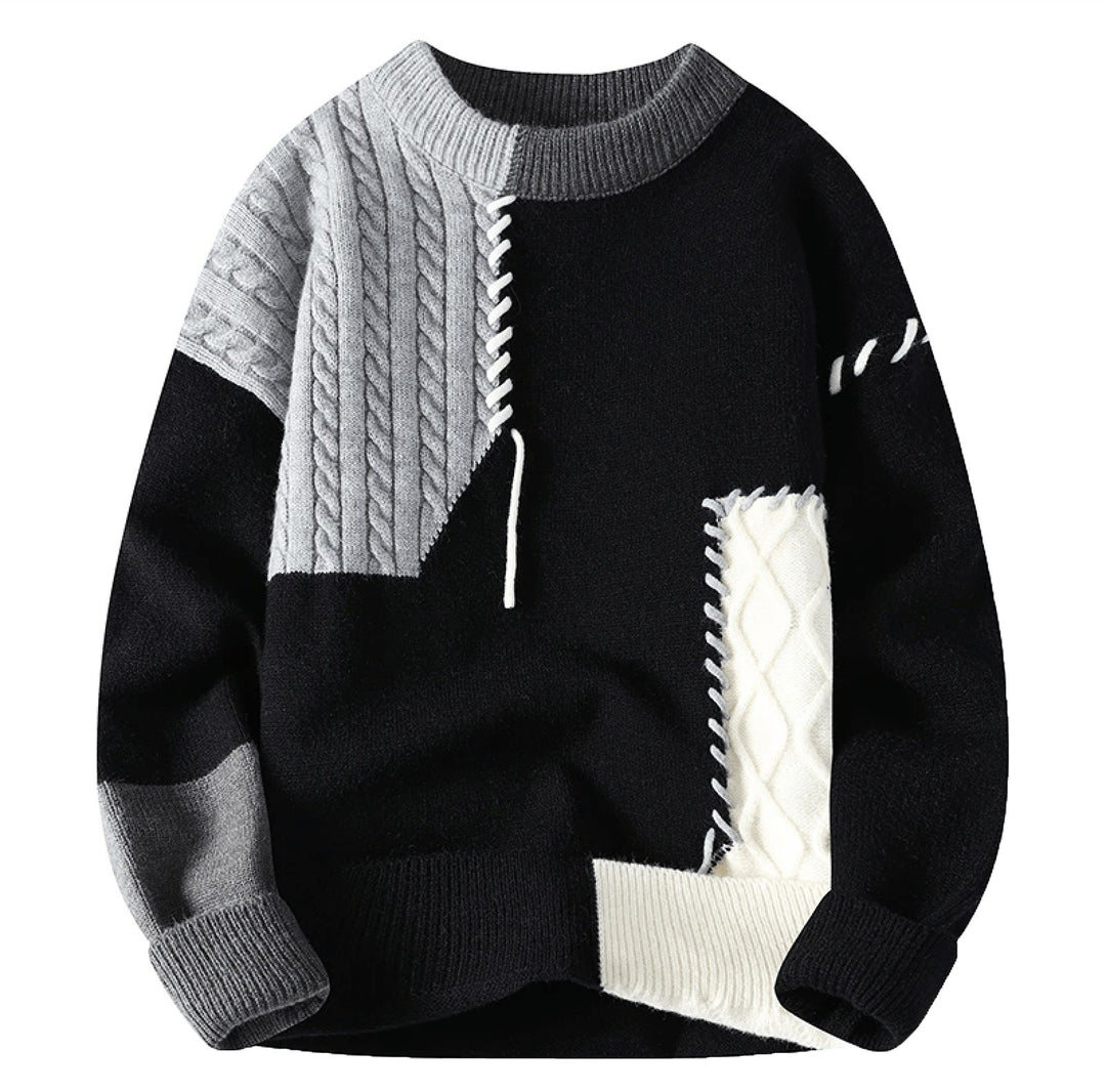 Men's Patchwork Sweater with Contrast Stitching - Lars - Black Gray