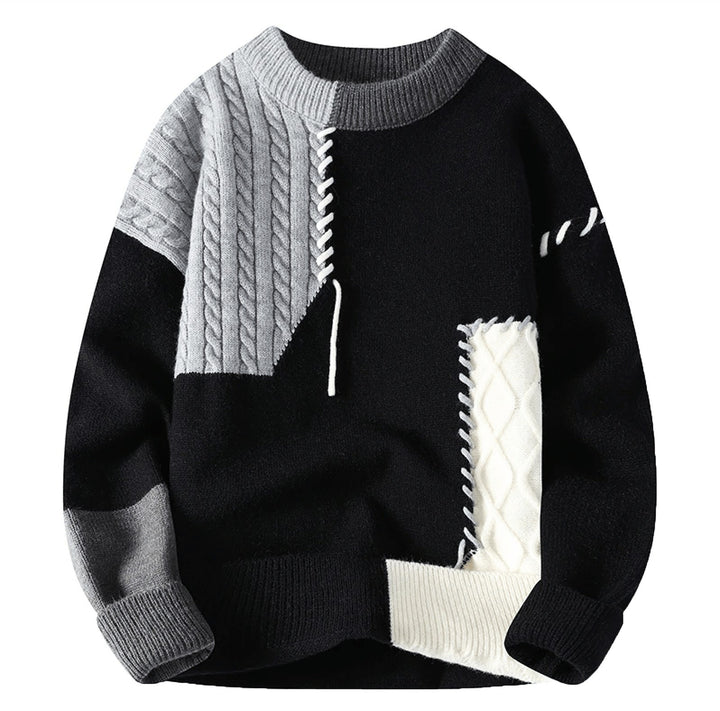 Men's Patchwork Sweater with Contrast Stitching - Lars - Black Gray