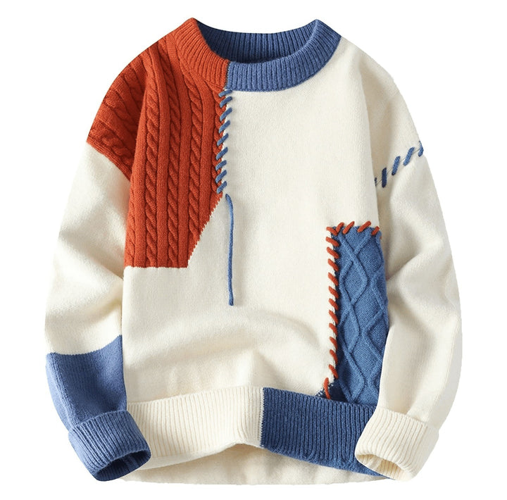 Men's Patchwork Sweater with Contrast Stitching - Lars - Cream Blue