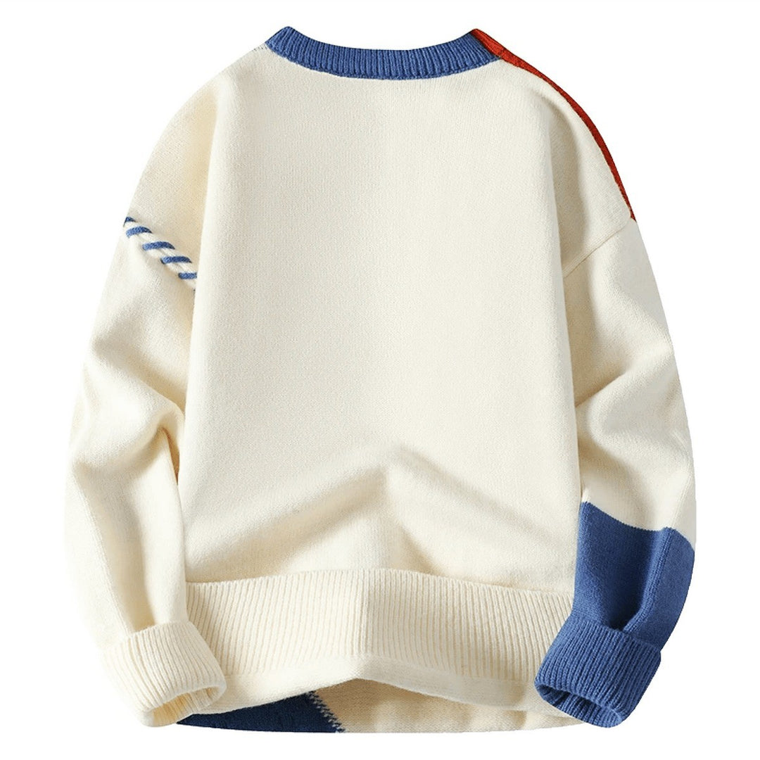 Men's Patchwork Sweater with Contrast Stitching - Lars - Cream Blue
