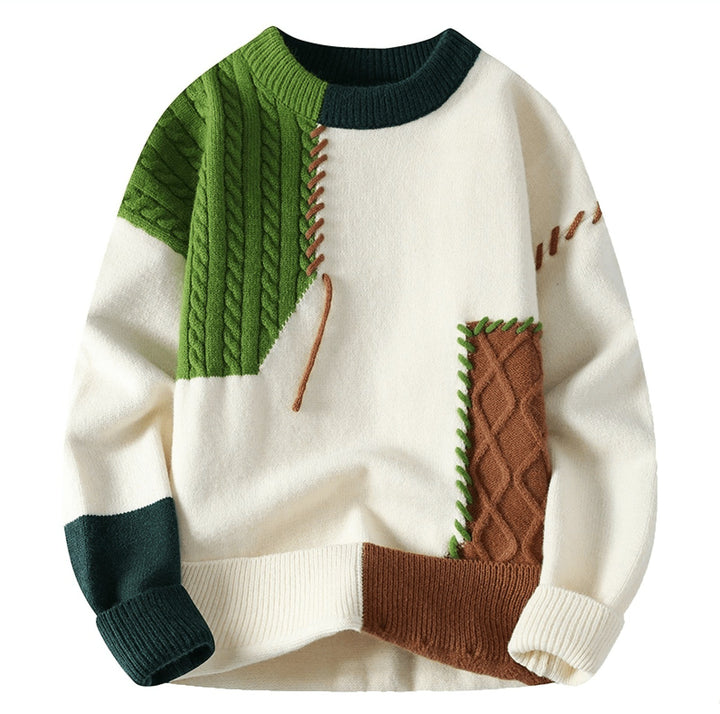 Men's Patchwork Sweater with Contrast Stitching - Lars - Cream Green