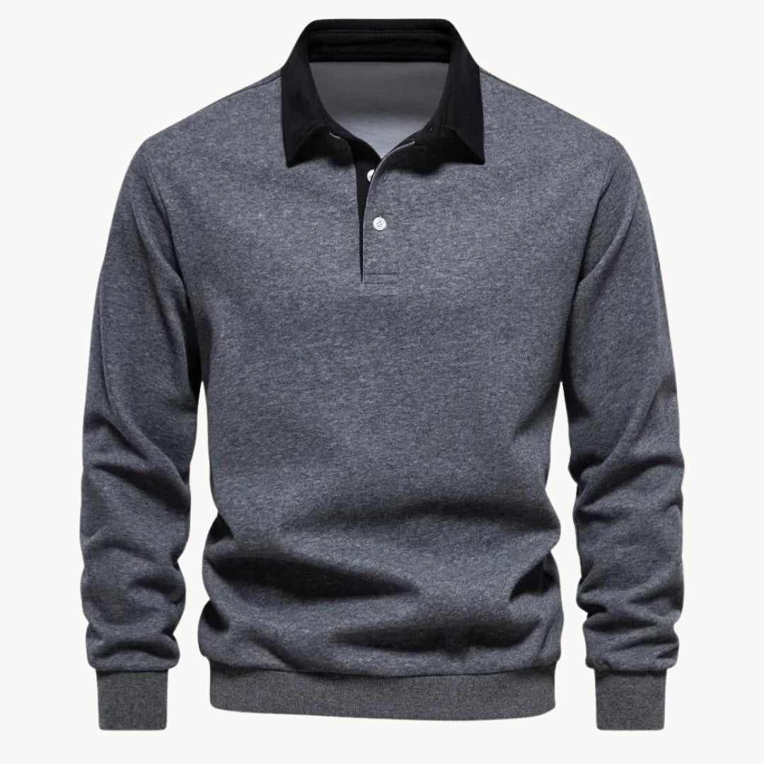 Men's Polo Collar Sweatshirt with Contrast Collar - Flint - Heather Gray