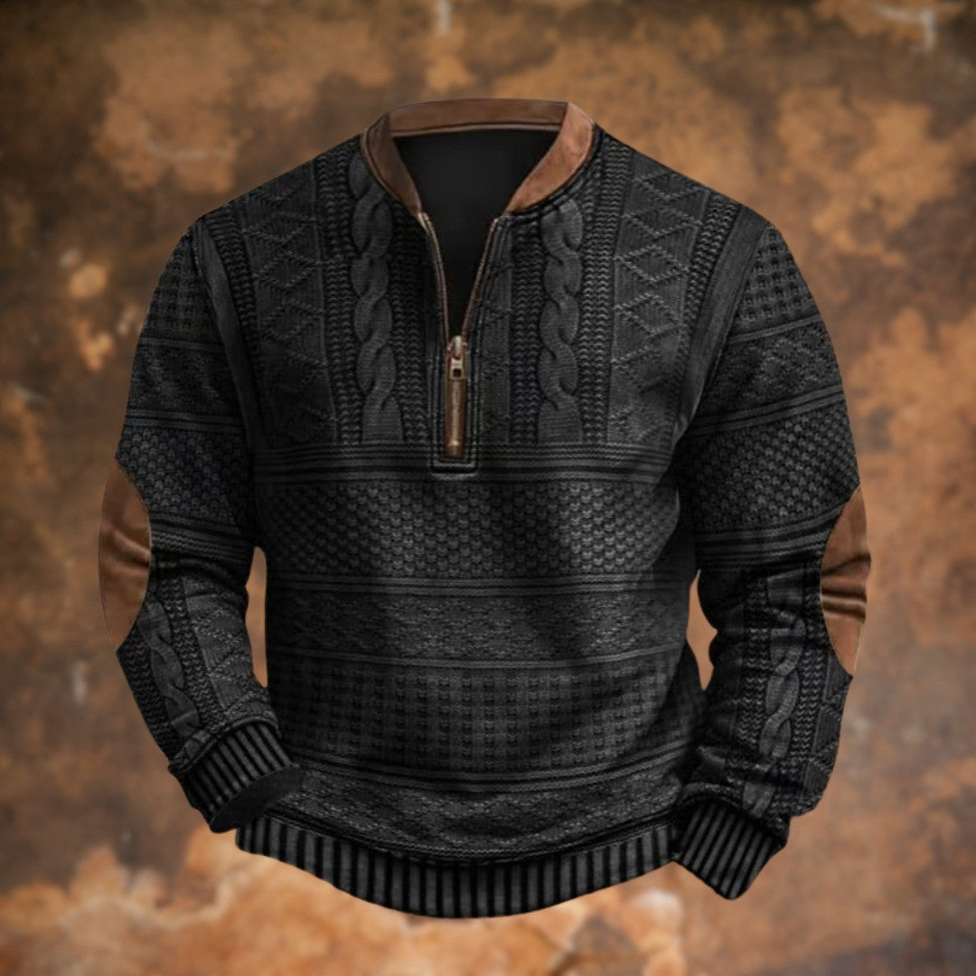 Men's Quarter Zip Sweater with Elbow Patches - Nash - Black