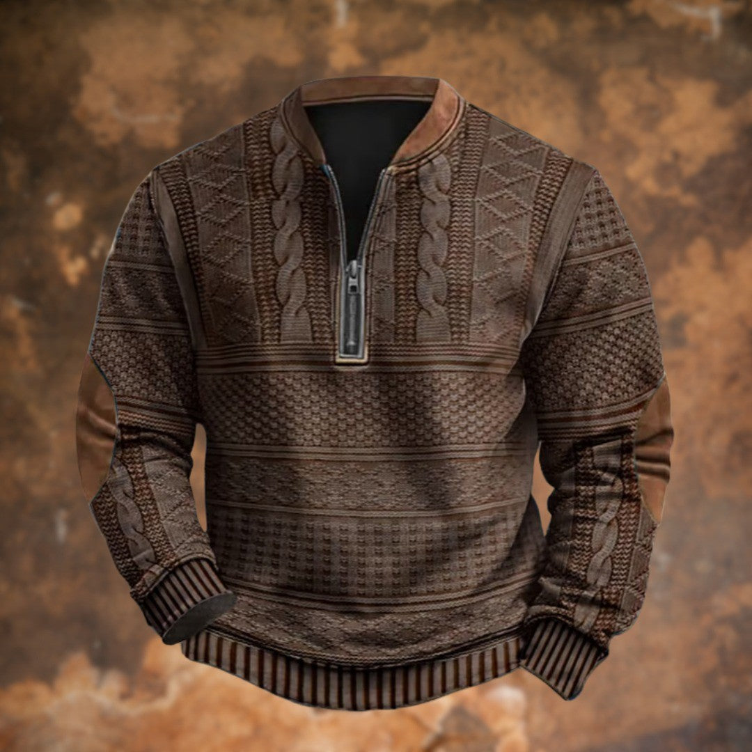 Men's Quarter Zip Sweater with Elbow Patches - Nash - Brown