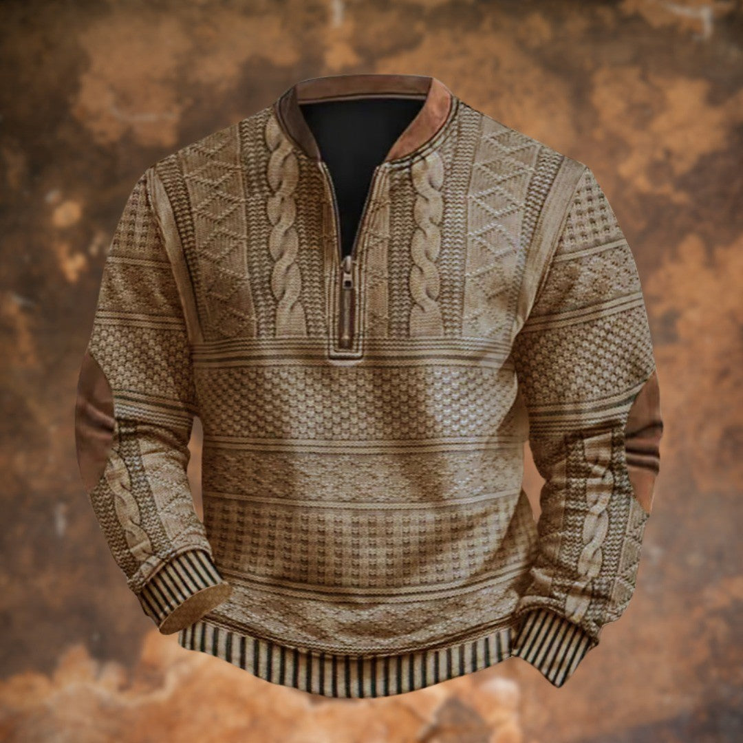 Men's Quarter Zip Sweater with Elbow Patches - Nash - Khaki