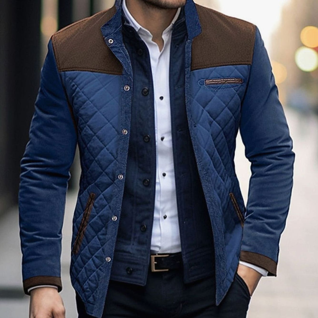 Men's Diamond Quilted Jacket with Snap Buttons - Callum - Navy/Brown