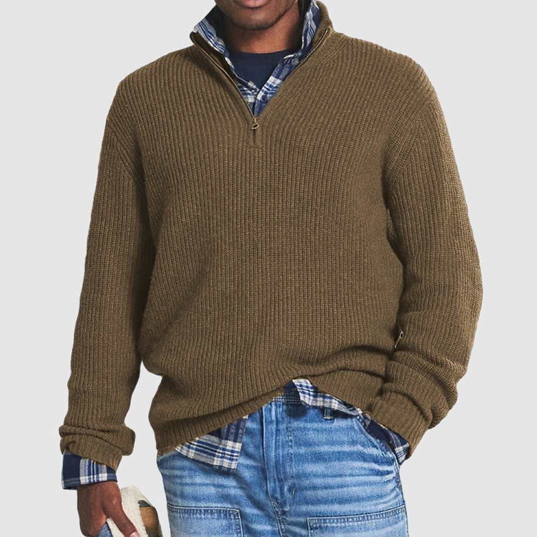 Men's Ribbed Quarter Zip Sweater - Pierce - Olive Brown