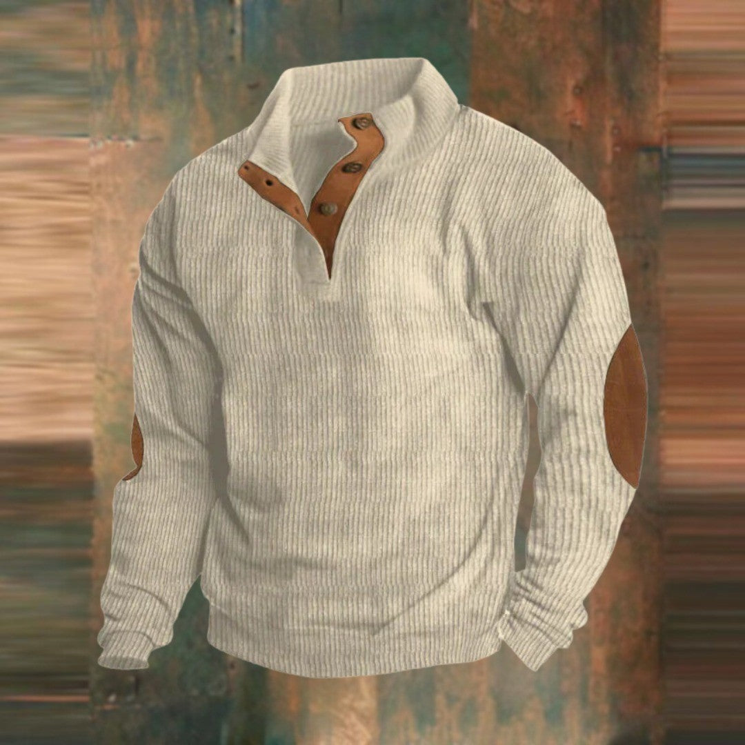 Men's Ribbed Stand Collar Sweater with Elbow Patches - Hugo - Beige