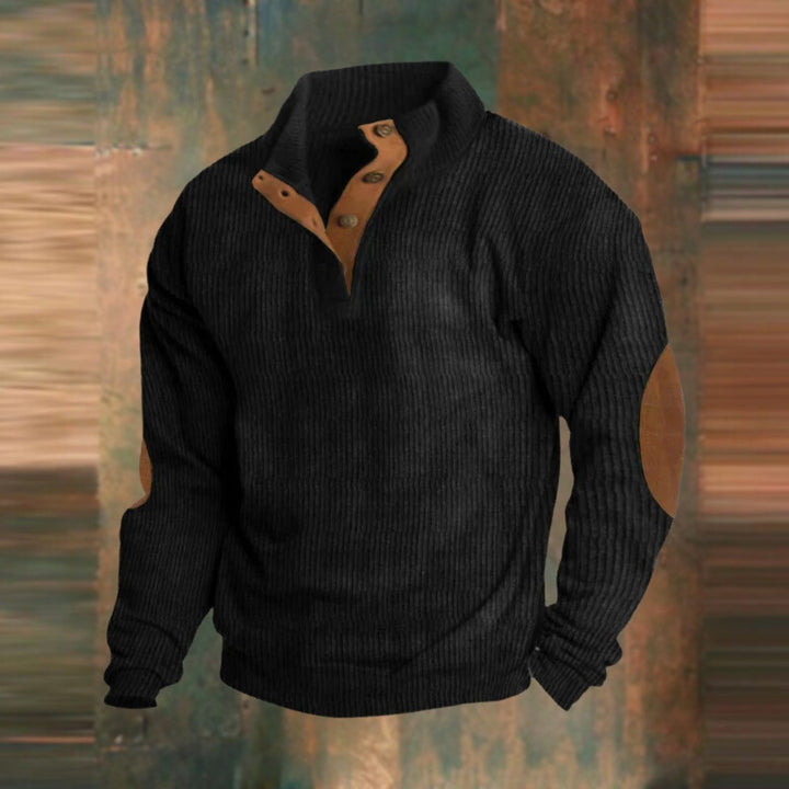 Men's Ribbed Stand Collar Sweater with Elbow Patches - Hugo - Black