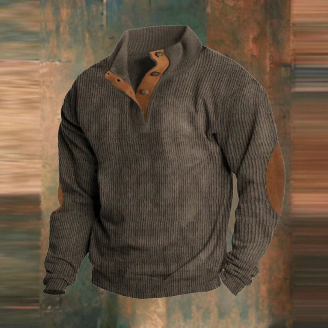 Men's Ribbed Stand Collar Sweater with Elbow Patches - Hugo - Brown