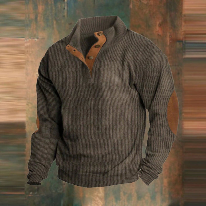Men's Ribbed Stand Collar Sweater with Elbow Patches - Hugo - Brown
