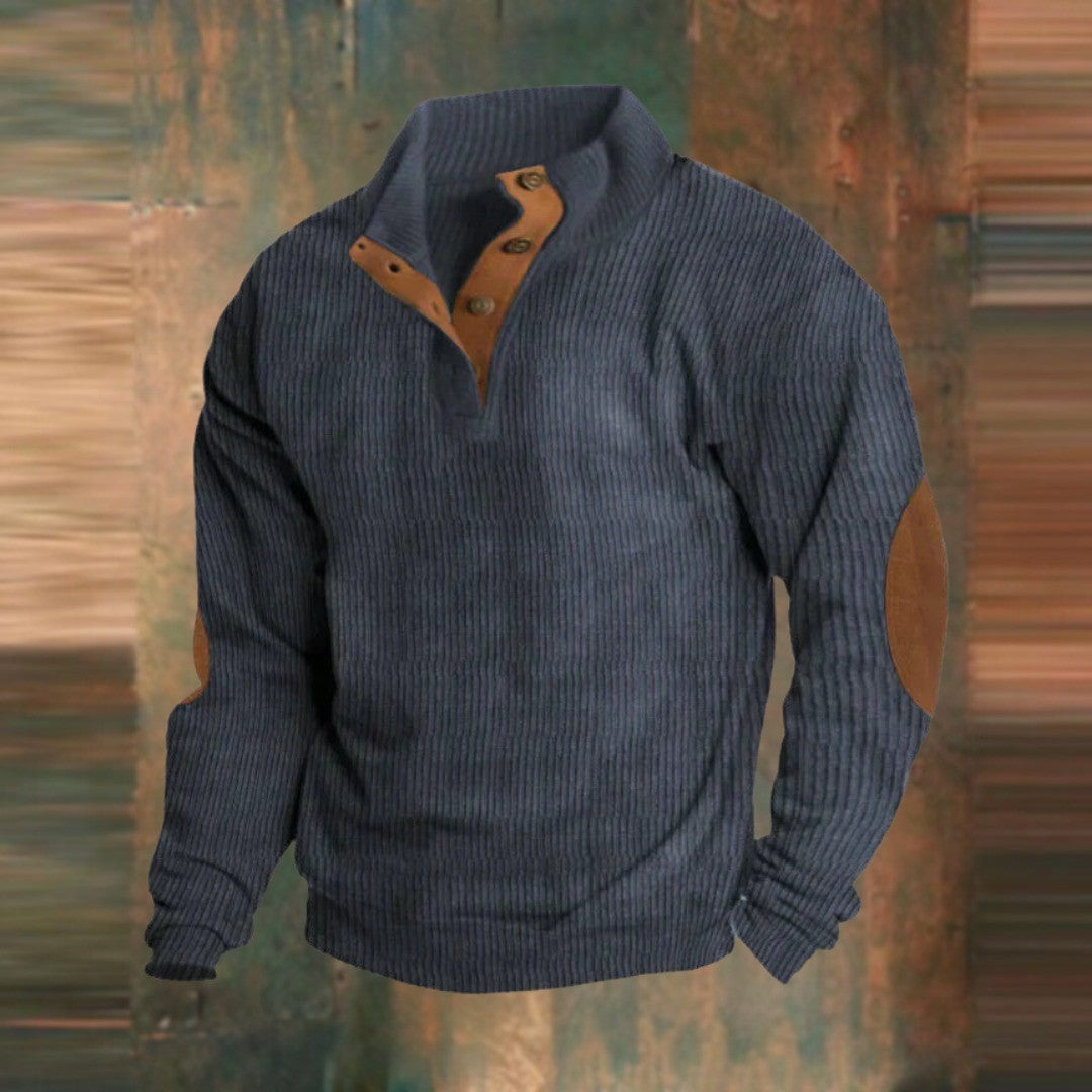 Men's Ribbed Stand Collar Sweater with Elbow Patches - Hugo - Navy