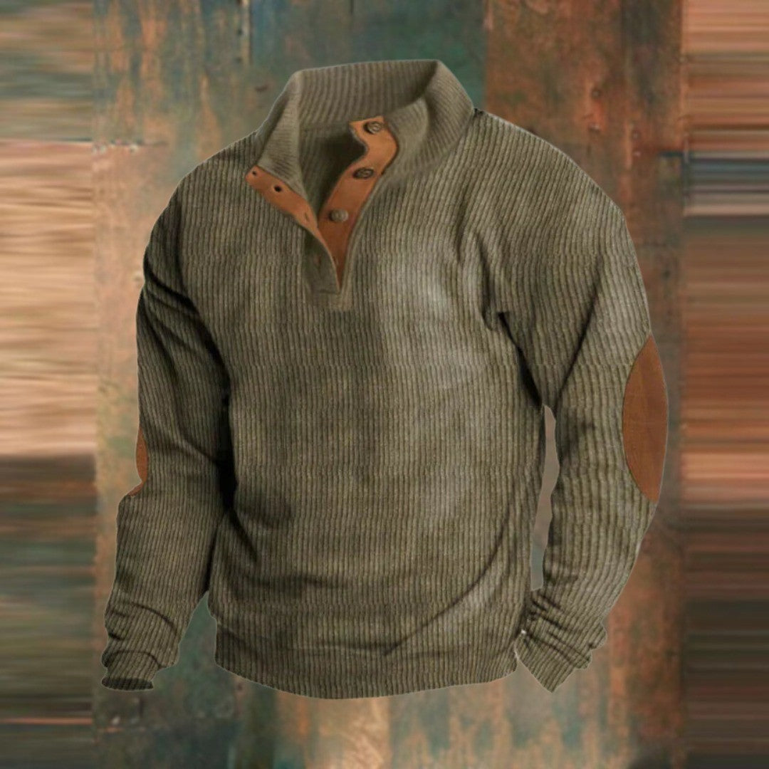 Men's Ribbed Stand Collar Sweater with Elbow Patches - Hugo - Olive