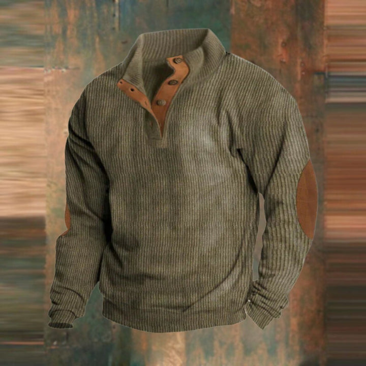 Men's Ribbed Stand Collar Sweater with Elbow Patches - Hugo - Olive