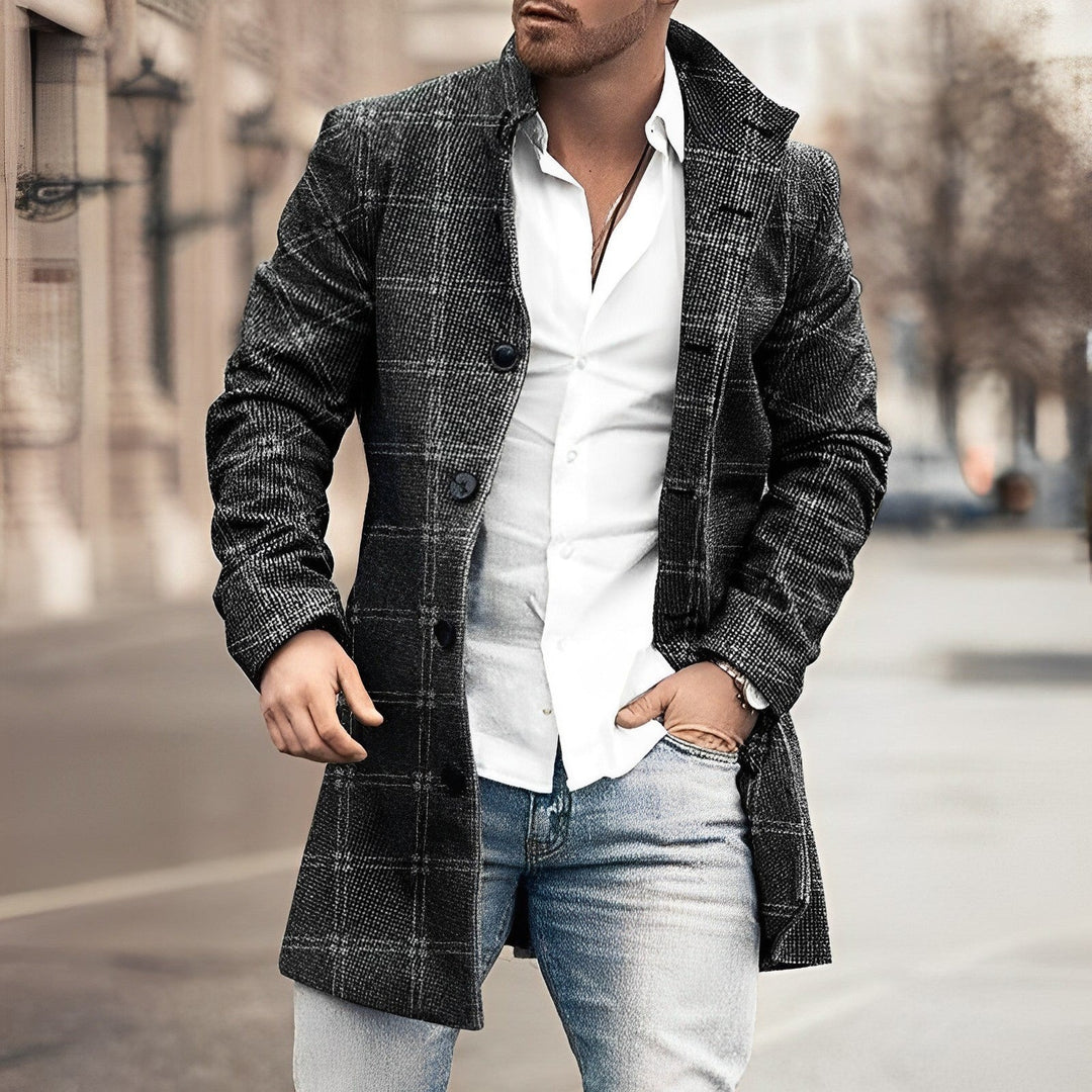 Men's Single Breasted Longline Coat - Finn - Dark Check