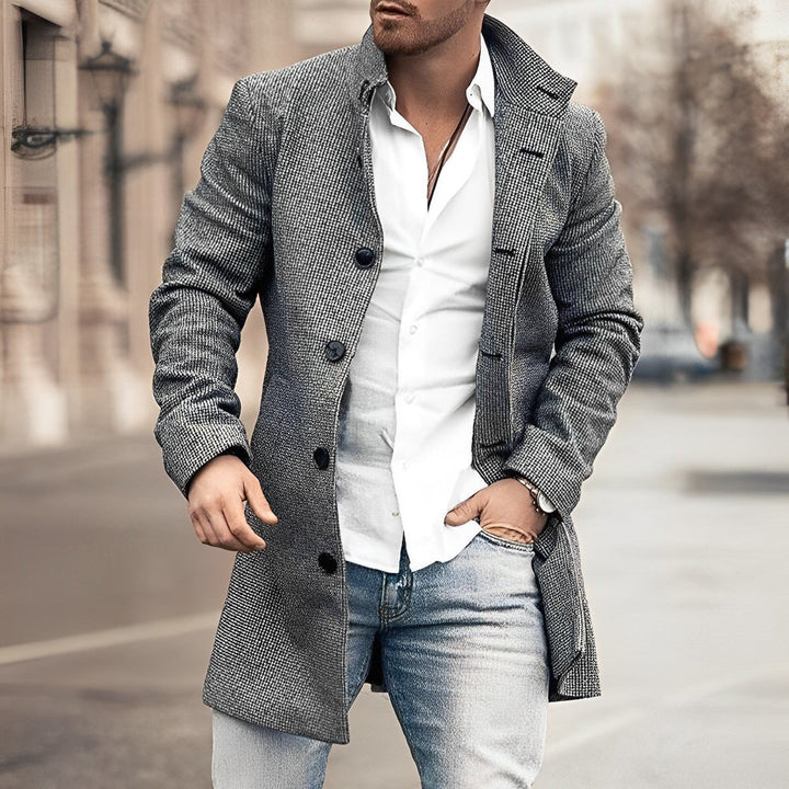 Men's Single Breasted Longline Coat - Finn - Gray Tweed