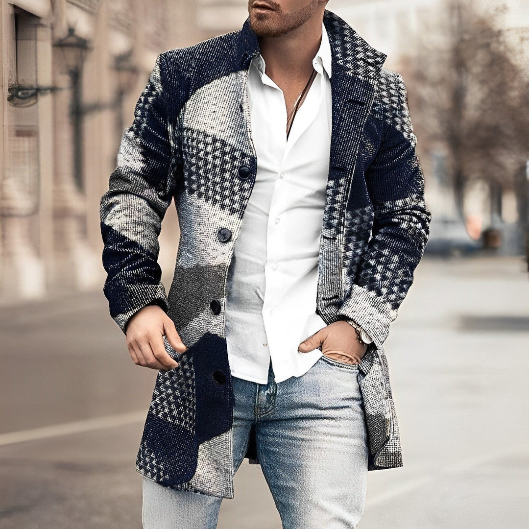 Men's Single Breasted Longline Coat - Finn - Navy Patchwork