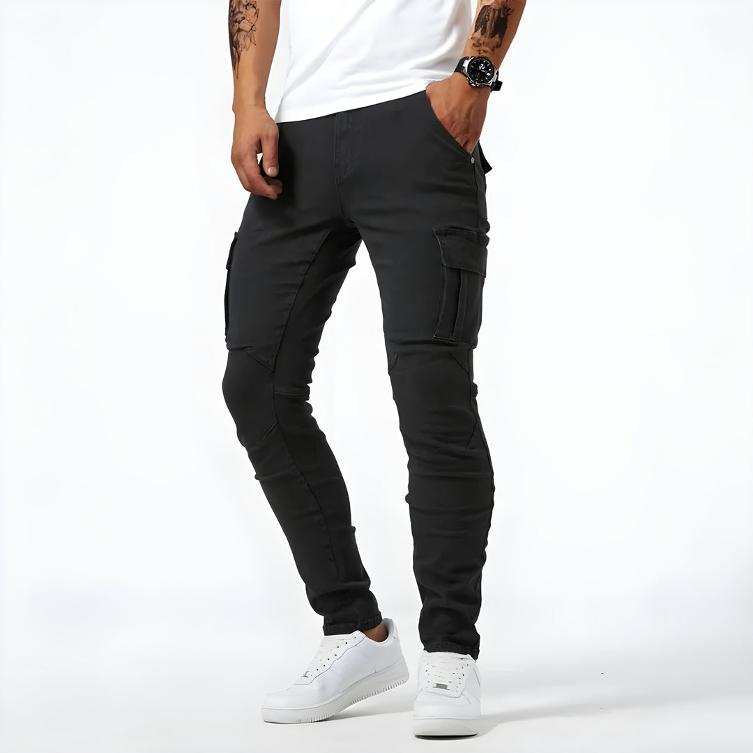Men's Slim Cargo Pants with Side Pockets - Stellan - Black