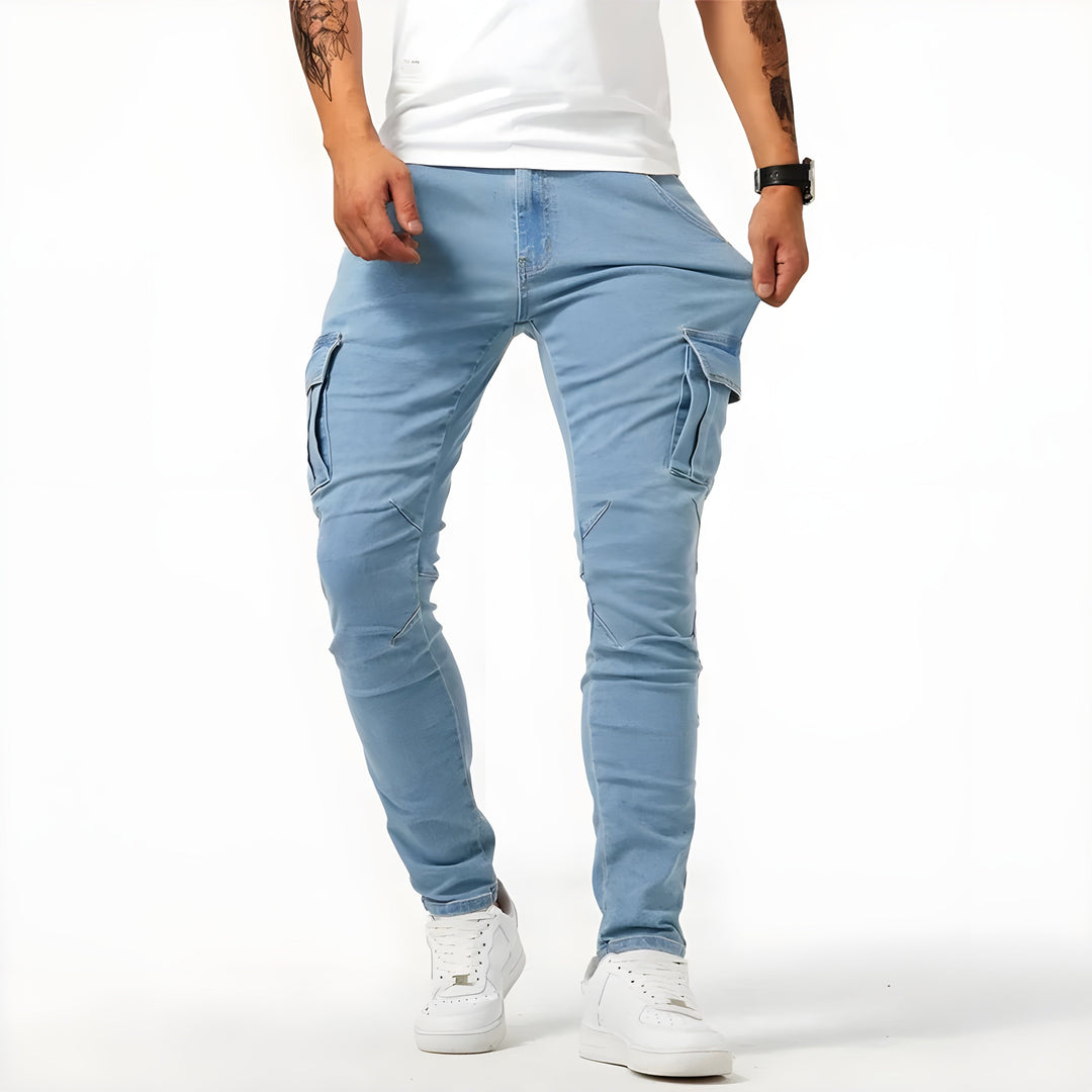 Men's Slim Cargo Pants with Side Pockets - Stellan - Blue