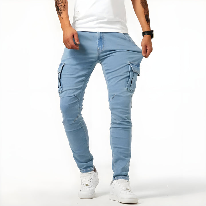 Men's Slim Cargo Pants with Side Pockets - Stellan - Blue