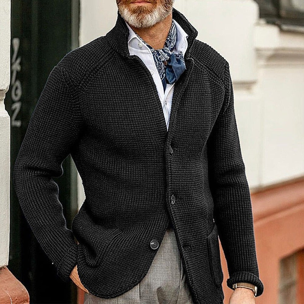 Men's Stand Collar Cardigan with Patch Pockets - Declan - Black