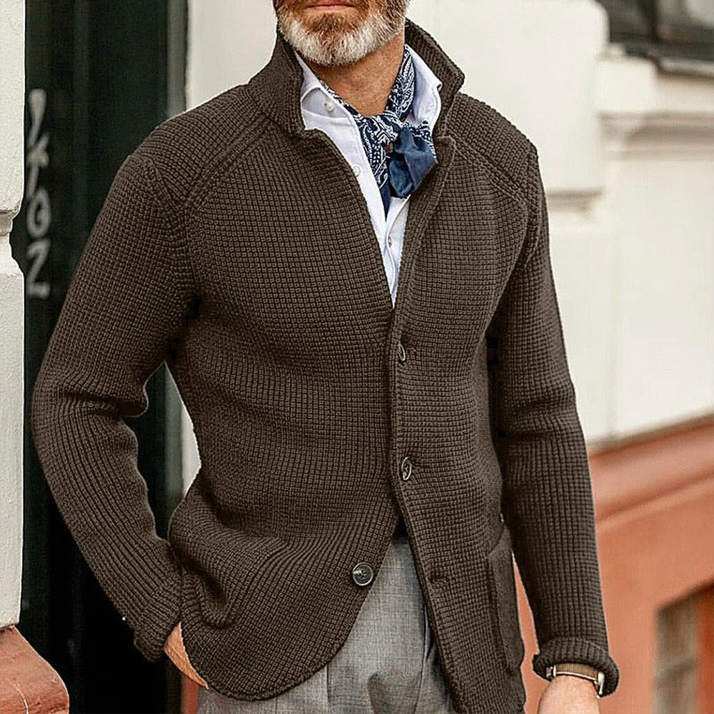 Men's Stand Collar Cardigan with Patch Pockets - Declan - Coffee