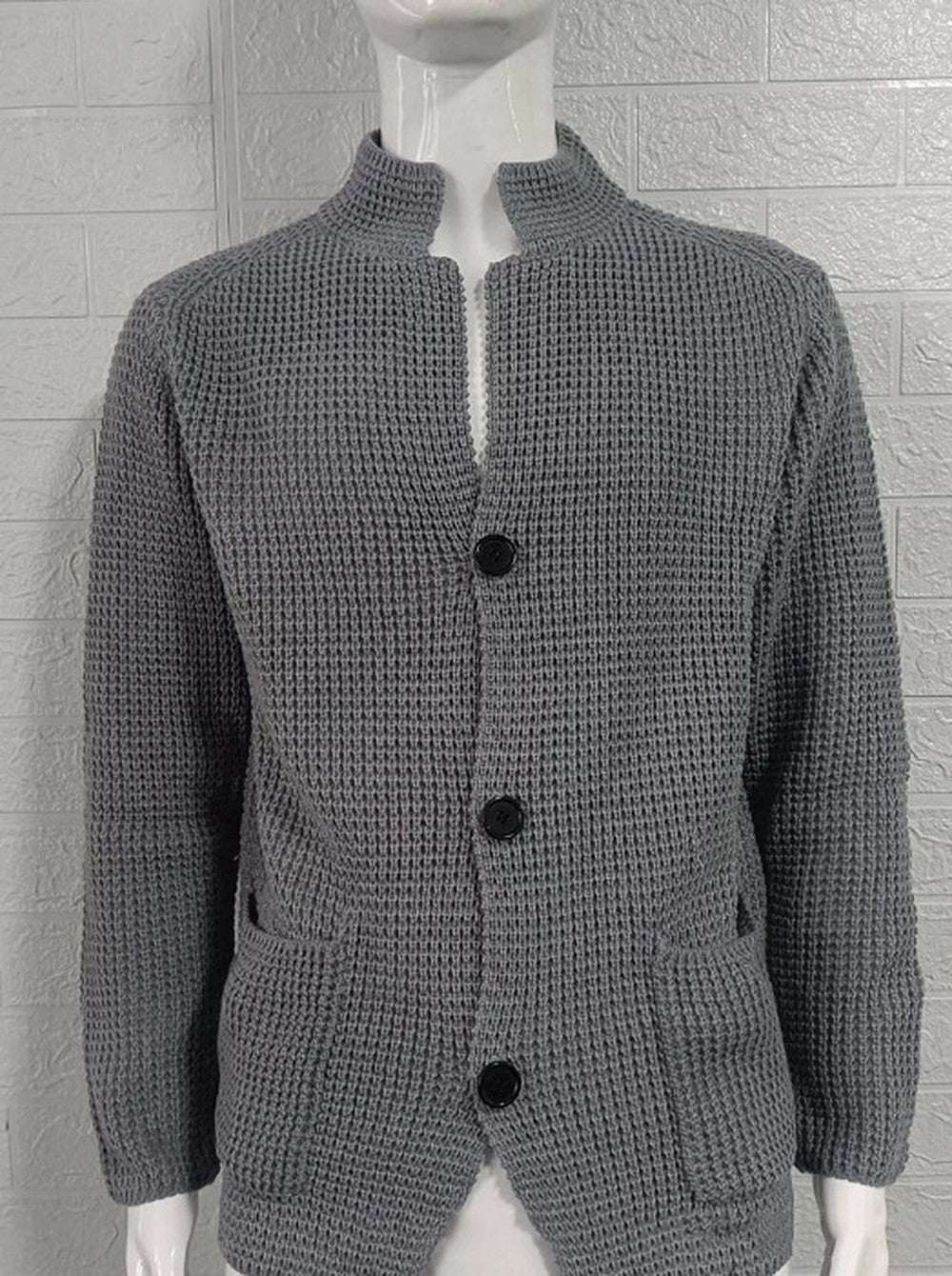 Men's Stand Collar Cardigan with Patch Pockets - Declan - Gray